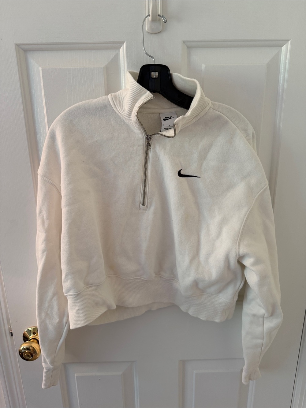 Nike White Quarter‑Zip Cropped Sweatshirt with Black Swoosh
